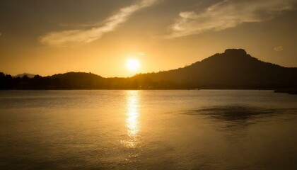 Fototapeta premium sunset over the lake wallpaper pier jetty golden hour sunset on lake, trees in background landscape