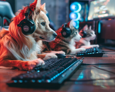 An animal eSports team with dogs strategizing on computers and cats showcasing agility on gaming phones competing at the highest level