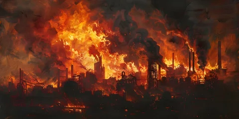 Tuinposter Molten flames engulfing a factory illuminating the darkened surroundings with fury. Concept Factory Fire, Molten Flames, Darkened Surroundings, Fury © Anastasiia
