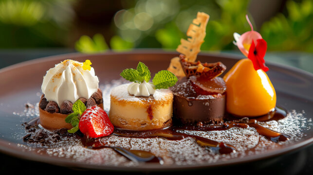 An international dessert sampler closeup on each delicious sweet presented in a warm inviting dining setting