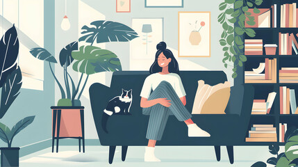 Woman relaxing with cat in cozy living room