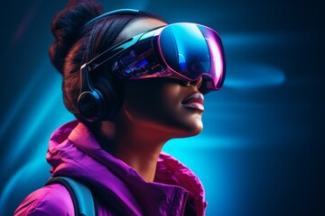 Cyber Fashion: Female Model in Chic VR Goggles and Headphones