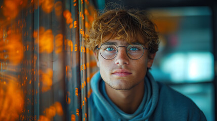 Poster with a student surrounded by a stream of numbers and data, project programming at the university, information processing and analysis, the concept of the importance of education