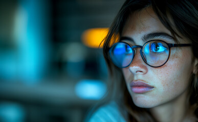 Medium shot portrait of a student wearing glasses, taking a programming course in a modern futuristic computerized university classroom, concept space
