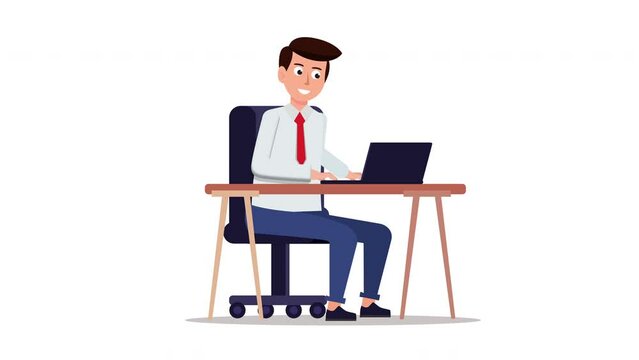 Animation of happy man sitting on his desk and typing on keyboard. Looped animation with white background. A cartoon guy works remotely with laptop. Happy male freelancer in the office.