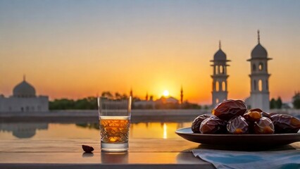 Fototapeta premium A plate of dates and a glass of water on a table, sunset, with a mosque in the background, Ramadan.