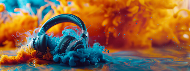 Headphones in an abstract vibrant colorful ink drop in the water background. Creative commercial music banner with copy space.