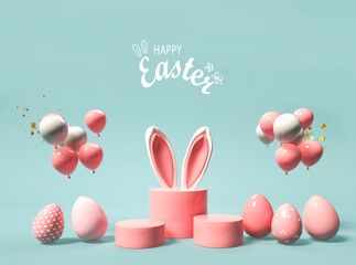 Happy Easter message with rabbit ears, eggs and balloons - 3D render
