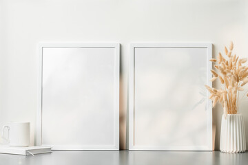 Blank picture frame and dried flower in a vase on white background