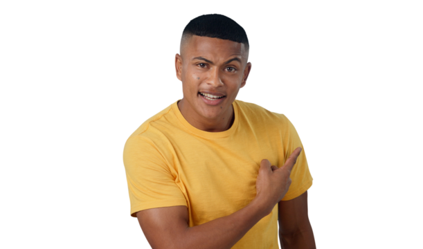 Pointing, confused and portrait of man in presentation, promotion and doubt for information. Male person, unsure and thinking on announcement, direction and isolated on transparent png background