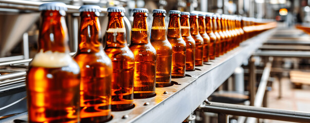 Inside a brewery with bottles lined up for production, showcasing the detailed process of beer manufacturing