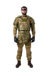 Male soldier in military ammunition isolated on white background