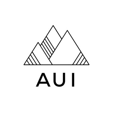 AUI Letter Logo. Minimalist Mountain Logo Design with AUI Text. AUI Geometric Adventure Branding Emblem.
