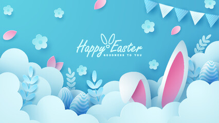 Fototapeta na wymiar Joyous Easter holiday featuring eggs, rabbit ears, clouds and flowers against a vibrant backdrop and paper style. Suitable for greeting cards or party invitations.
