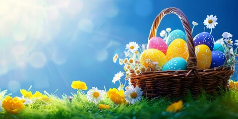 Easter Delicacies - Hand-Painted Eggs in a Basket Adorned with Mimosa Resting on Fresh Green Grass. Made with Generative AI Technology