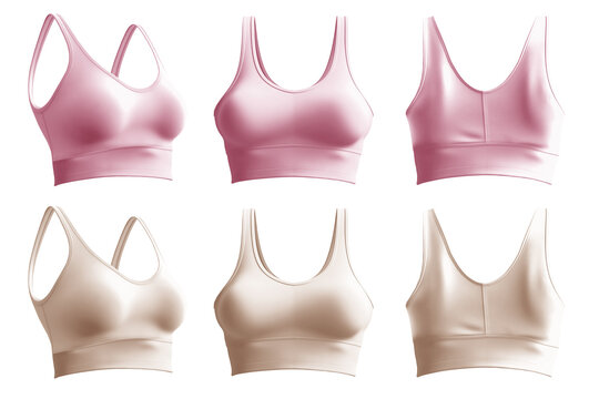  2 Set of pastel light pink beige, front back side view, sports exercise bra tank crop top on transparent background cutout, PNG file. Mockup template for artwork graphic design