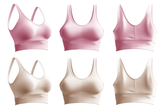  2 Set of pastel light pink beige, front back side view, sports exercise bra tank crop top on transparent background cutout, PNG file. Mockup template for artwork graphic design