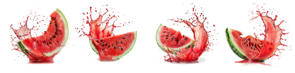watermelon slices set in juice splash on transparent background