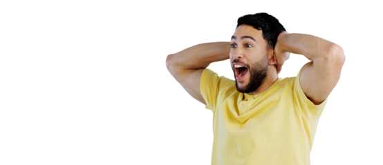 Man, happy and surprised with announcement and news with wow reaction, excited or notification. Person, guy and shocked for discount deal, hand gesture or emoji isolated on png transparent background