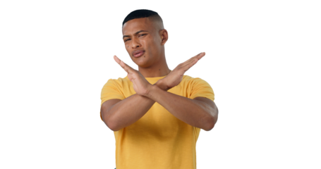 Man, portrait and warning with hands crossed with no gesture, png and transparent with background. Male person, serious and sign for vote for human rights with reject, defence and isolated