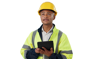 Engineering, man and tablet for inspection, thinking and renovation for project management on png background. Construction worker, architecture and digital survey while transparent and isolated