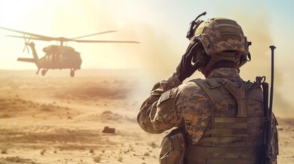 During a military operation in the desert, a US soldier covers his eyes as a combat chopper approaches.