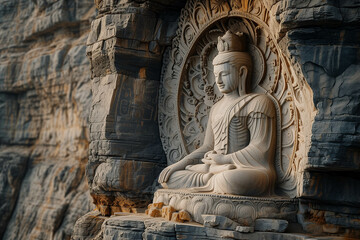 Buddha statues carved from rocks at the edge of the cliff.