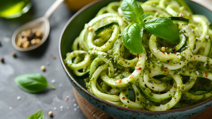 Zucchini Noodles with Pesto in the bowl, food photography