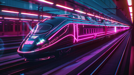 Fototapeta na wymiar High speed trains adorned with neon art racing through landscapes offering a cheerful journey to passengers