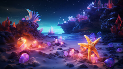 Fototapeta na wymiar Starfish and seashell on the summer beach 