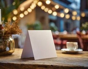 Naklejka na ściany i meble An enchanting espresso bar backdrop, featuring a vacant promotional card on a polished wood table, 