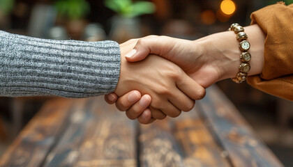 Close-up of a cordial handshake between two individuals at a wooden table.