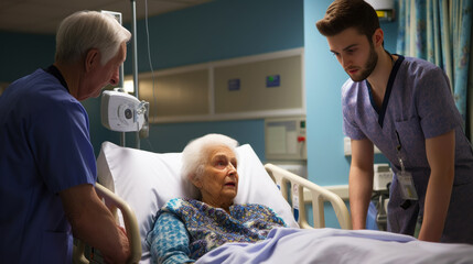 Obraz premium Medical workers give advice to an elderly woman lying on a hospital bed in a hospital ward. Generative AI