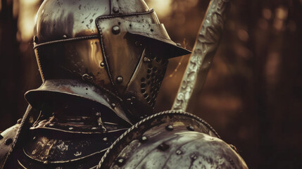 In a museum a warriors armor stands on display each dent and scratch a story from historical battles fought centuries ago - obrazy, fototapety, plakaty