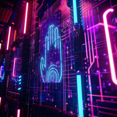 Neon fingerprints unlocking a hackers lair where technology and darkness merge in a quest for security