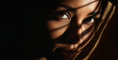 Close-up portrait of a beautiful woman with spider web on her face,Close-up portrait of beautiful young woman with shadow on her face,Close-up shot of a beautiful young woman's eye with shadows.
