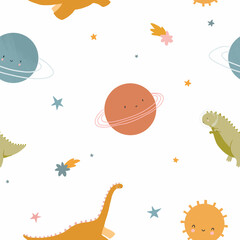 Obraz na płótnie Canvas Beautiful childish seamless pattern with hand drawn cute dinosaurs travelling in cosmos with planets and stars. Colorful kids background.