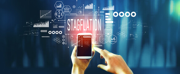 Stagflation theme with person using a smartphone