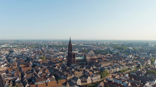 Strasbourg, France. Strasbourg Cathedral - Built in the Gothic style, the cathedral of the 13th century. Summer morning, Aerial View, Point of interest