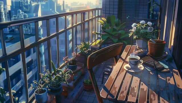 Coffee on the balcony of a house with city view in the morning. seamless looping 4k time-lapse animation video background