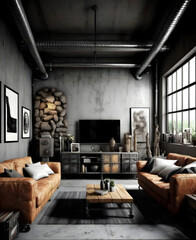 Fototapeta premium Living room interior, industrial style, 3D render