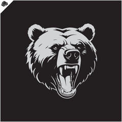 Head of an aggressive bear, wide grinning evil mouth, silhouette, side view, looking up, stencil, flat vector, white background. Game sport logo.