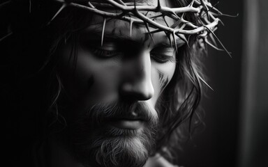 Jesus with crown of thorns with head down over dark wall - obrazy, fototapety, plakaty