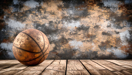 Basketballs solitude on a wooden court, spotlighted, evoking the anticipation of play and the...