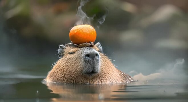 Capybara with an orange on its head chilling in a hot spring