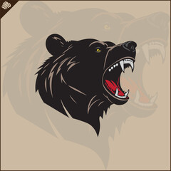 Head of an aggressive bear, wide grinning evil mouth, silhouette, side view, looking up, stencil, flat vector, white background. Game sport logo.