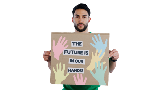 Man, portrait and billboard for earth day, future or eco friendly environment on a transparent PNG background. Young male person or volunteer holding poster or sign to save planet, world or awareness