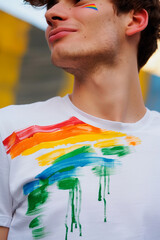 t-shirt with a hand-painted rainbow flag. Gay Pride Day Party. Symbol of the LGTBI community - obrazy, fototapety, plakaty