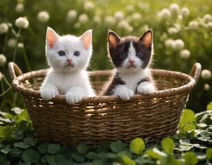 Two cute motley kittens in a basket against a background of nature. Cute animals in the grass