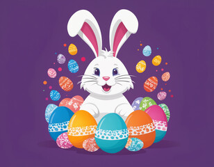 Fototapeta premium Easter bunny among large colored eggs. Holiday card for Easter